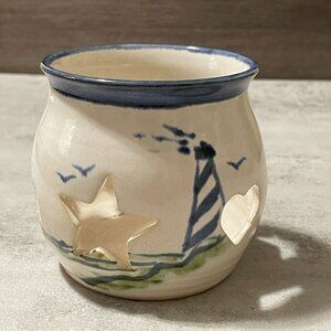 Nancyware on the Outer Banks Lighthouse Cutout Candleholder Art Pottery 3.25" H